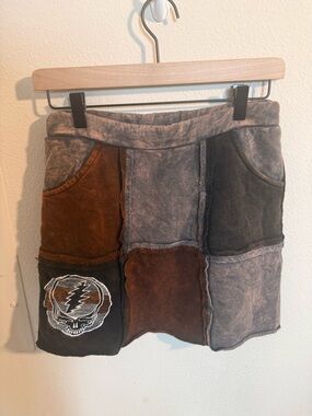 Grateful Dead Patchwork Mini Skirt Brown Size S Stealie Patch
